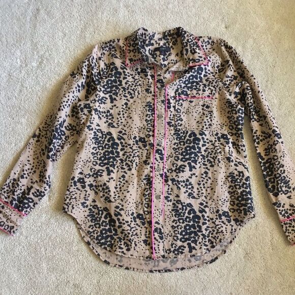 J Crew Brown Tan Black Leopard Print Button Down Shirt Blouse Linen Pink Trim - Picture 2 of 9
